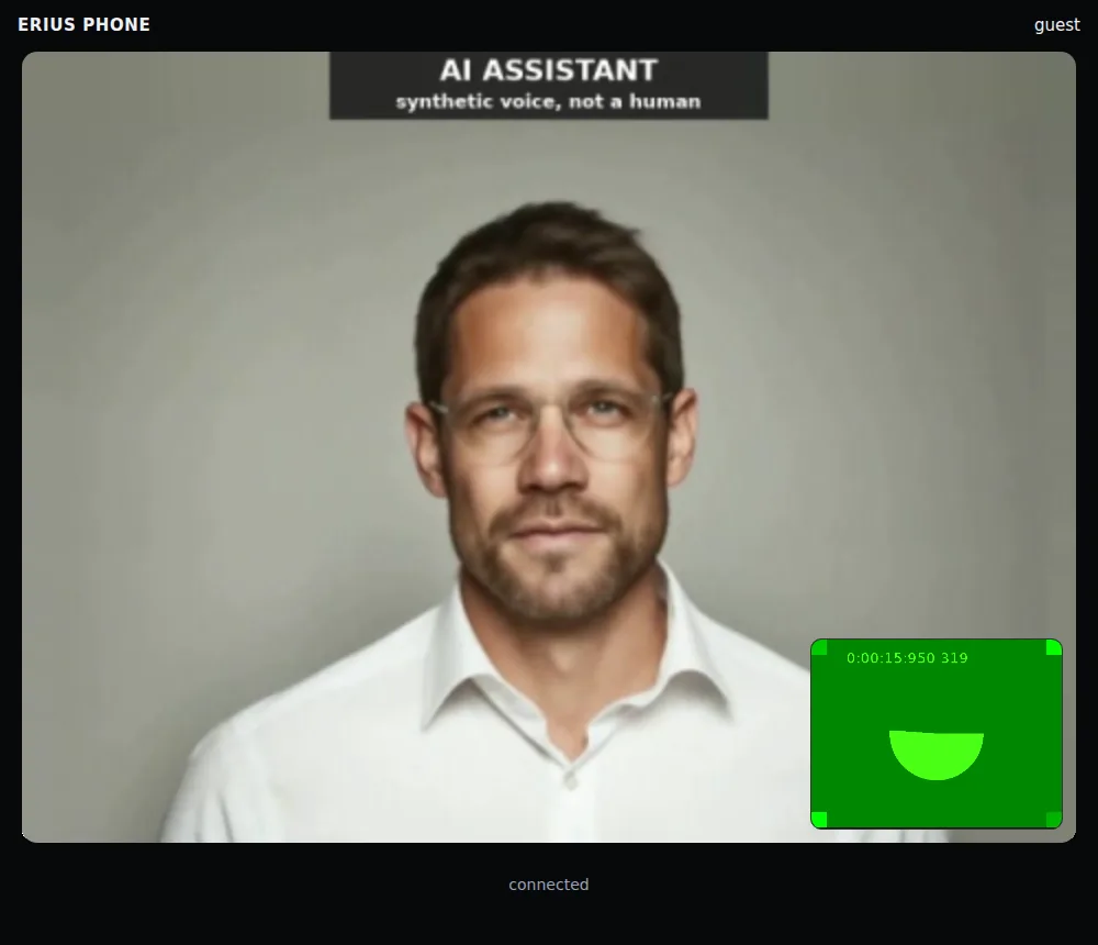 What the guest sees during a call: the persona's face with the label AI ASSISTANT, synthetic voice, not a human