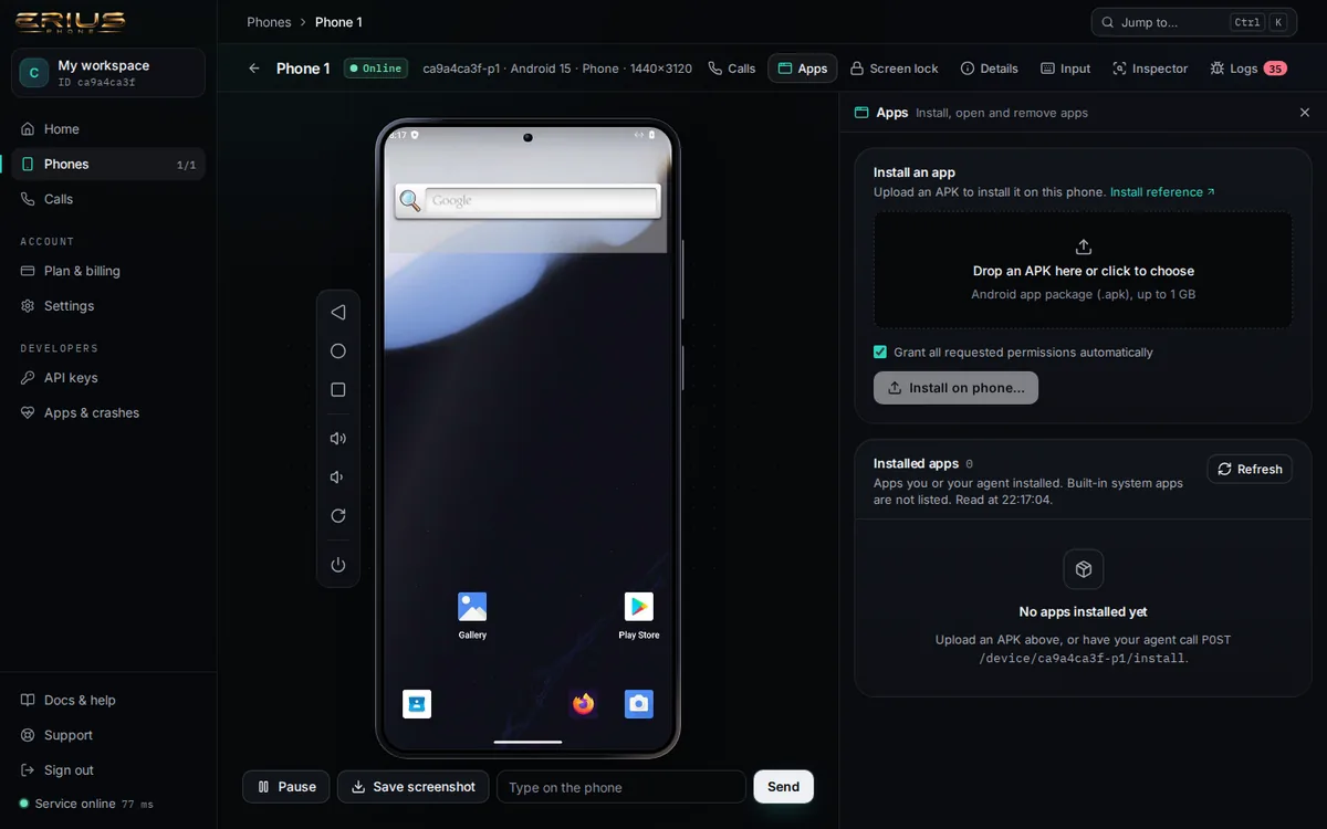 The Apps panel with an upload area for an APK