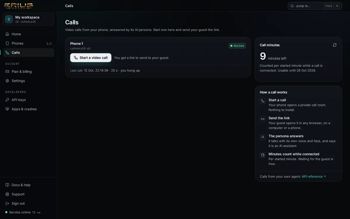 The Calls page of the dashboard with a Start a video call button and the minutes left