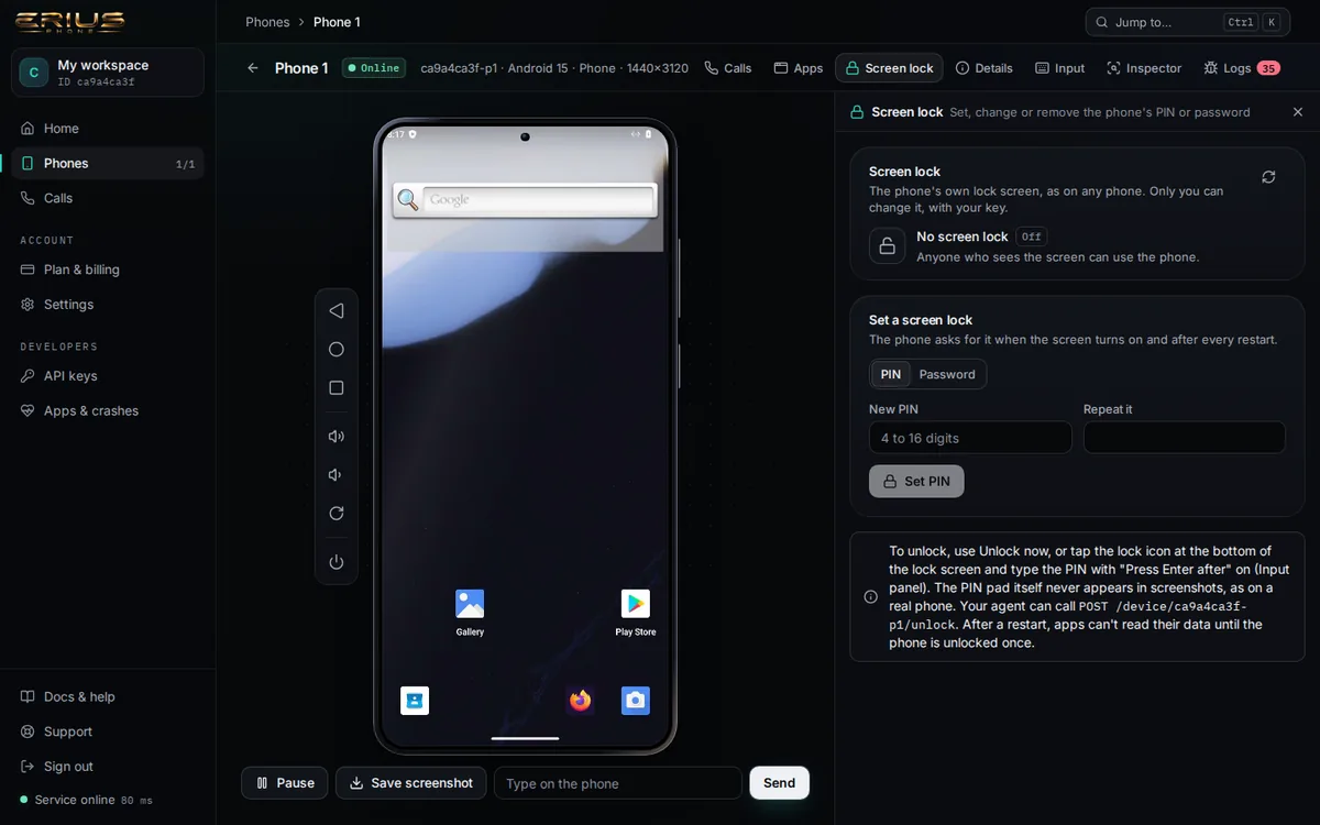 The Screen lock panel with fields for a new PIN