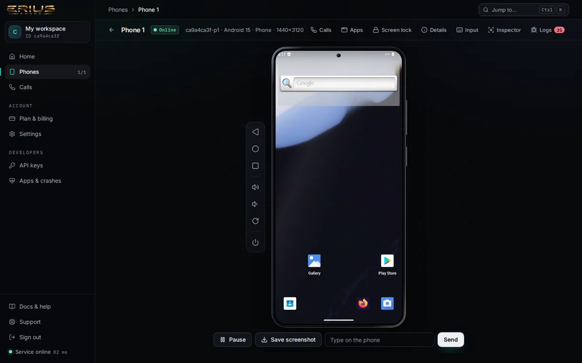 Live phone screen in the dashboard with Back, Home, Recent, volume, rotate and power keys