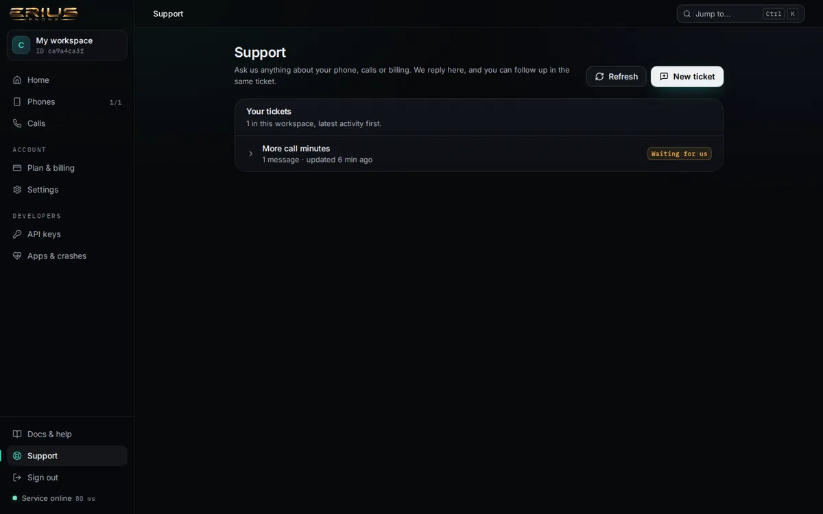 The Support page of the dashboard with the list of tickets