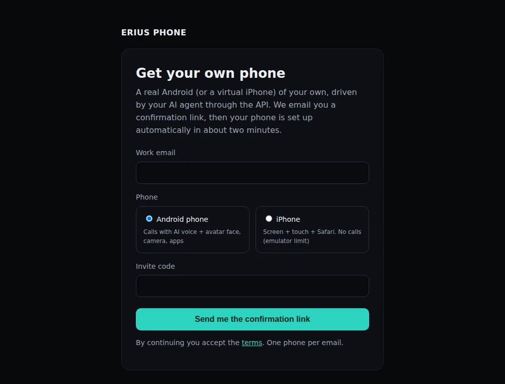 The sign-up form: work email, phone type, invite code